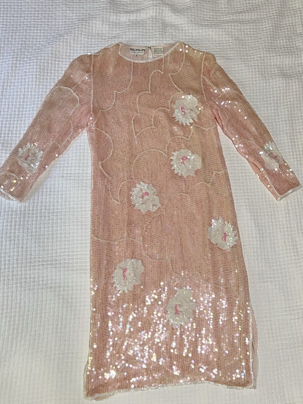 Vintage 80s SCALA Pink Silk Sequin Beaded Floral Midi Dress S